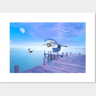 Grey Herons and Morning Moon Posters and Art